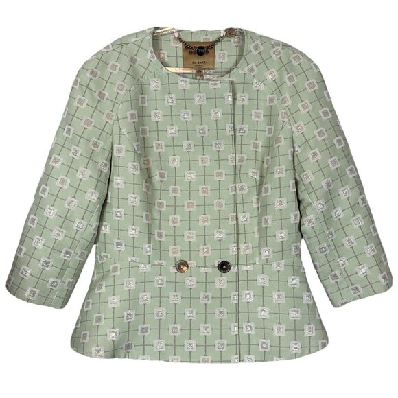 New Ted Baker Working Title $475 Geo Shimmer Blazer Jacket Sage Green Sz 2 US 6 - Picture 13 of 13